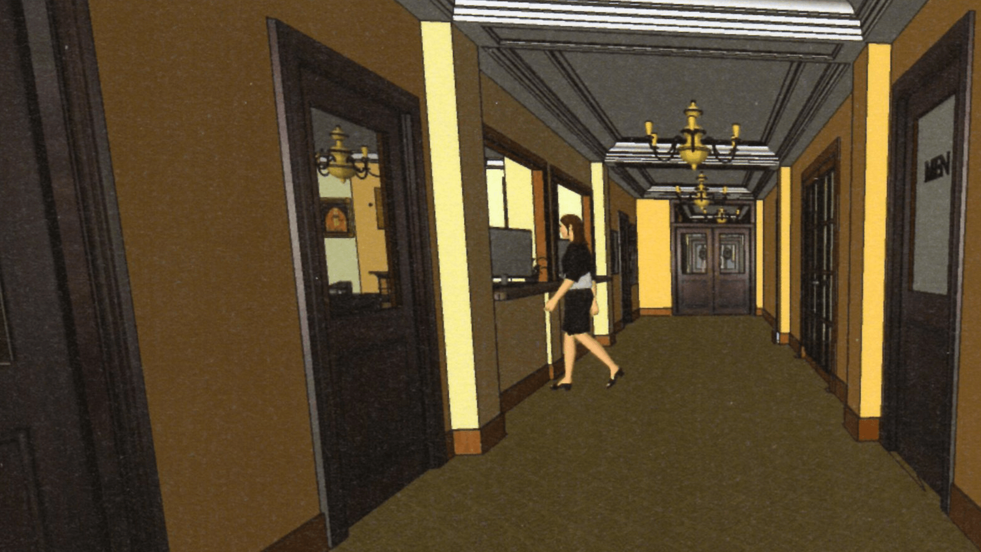 Digital rendering of a woman walking into a room in a halway