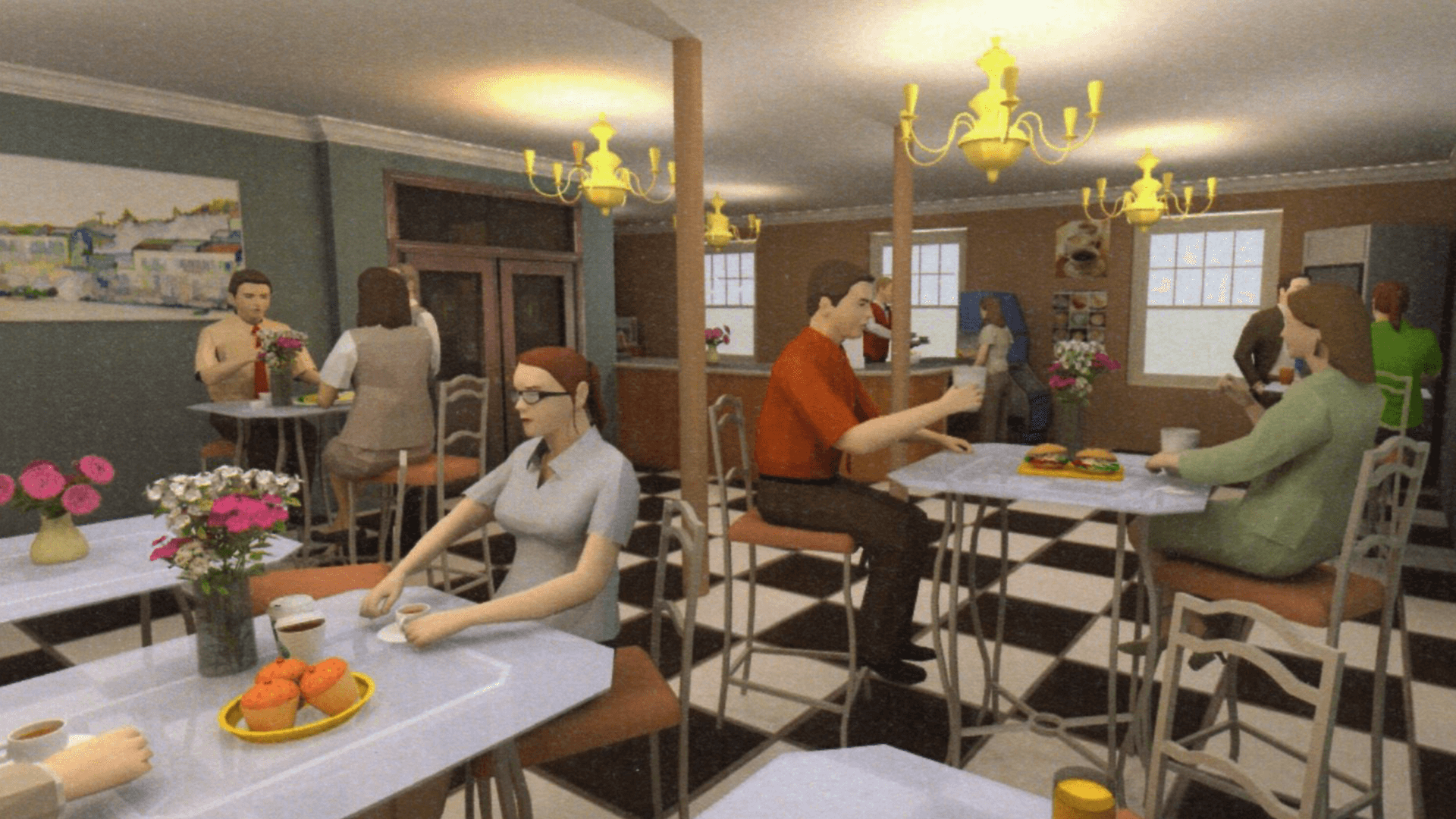 Digital rendering of eatery or restaurant wth people sitting at tables for lunch