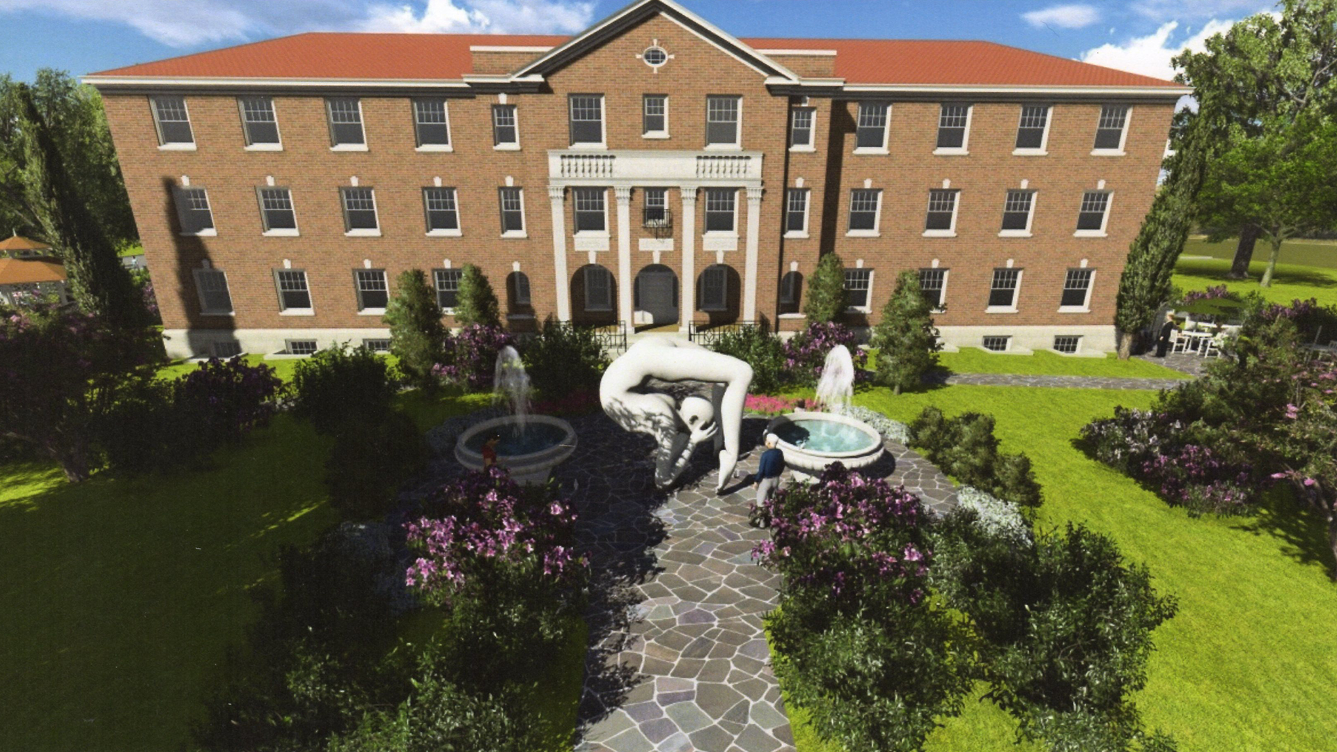 Digital rendering of fountains, gardens, and sculptures at the enterance of the Classical Art Centre building