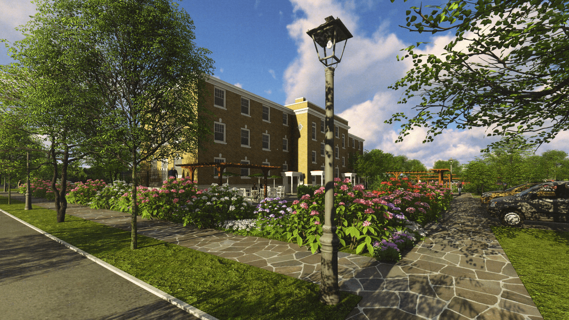 Digital rendering of back of building showing the gardens area