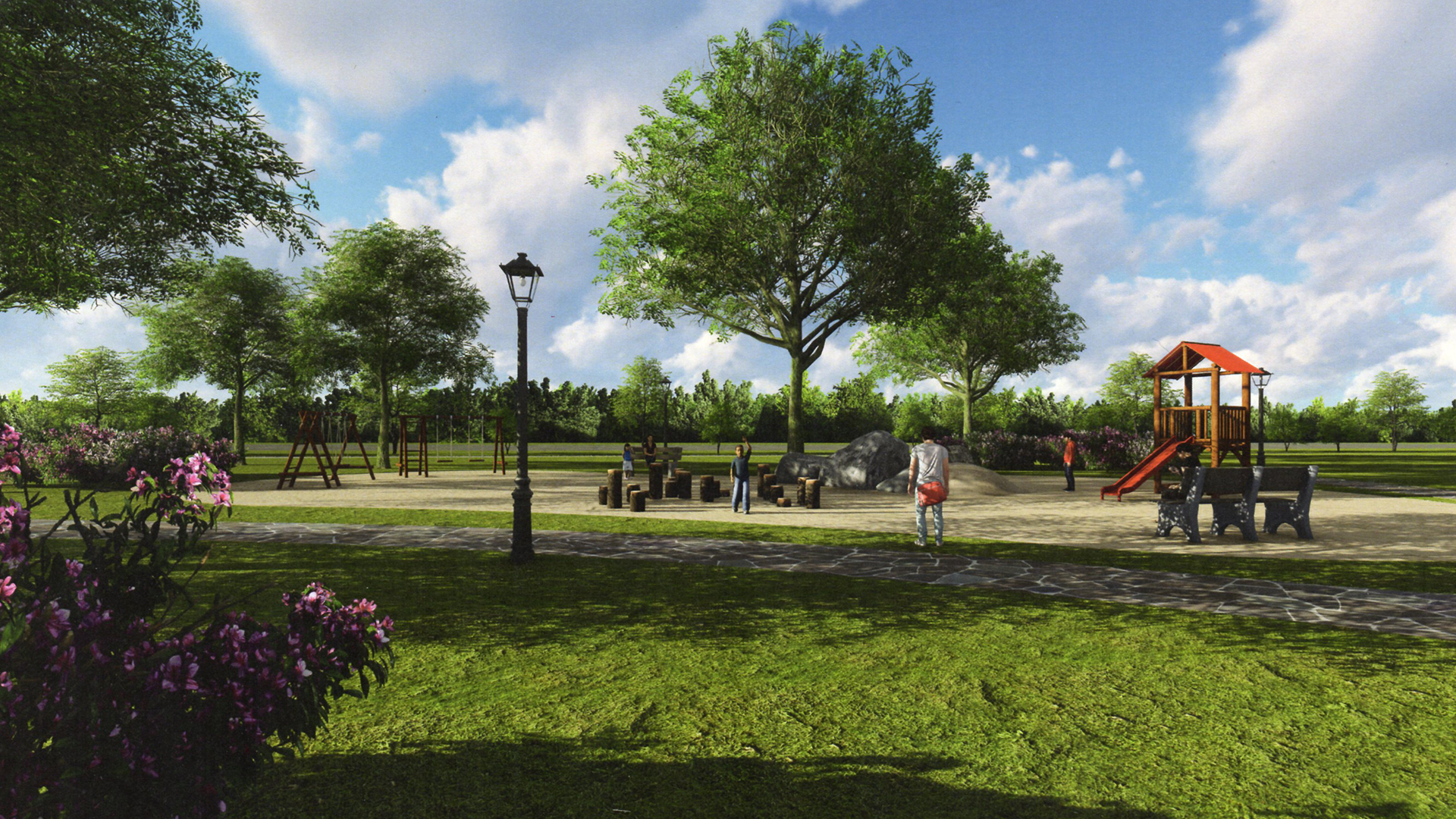 Digital rendering of an outdoor play area for kids and families on the property including a playground for children. 