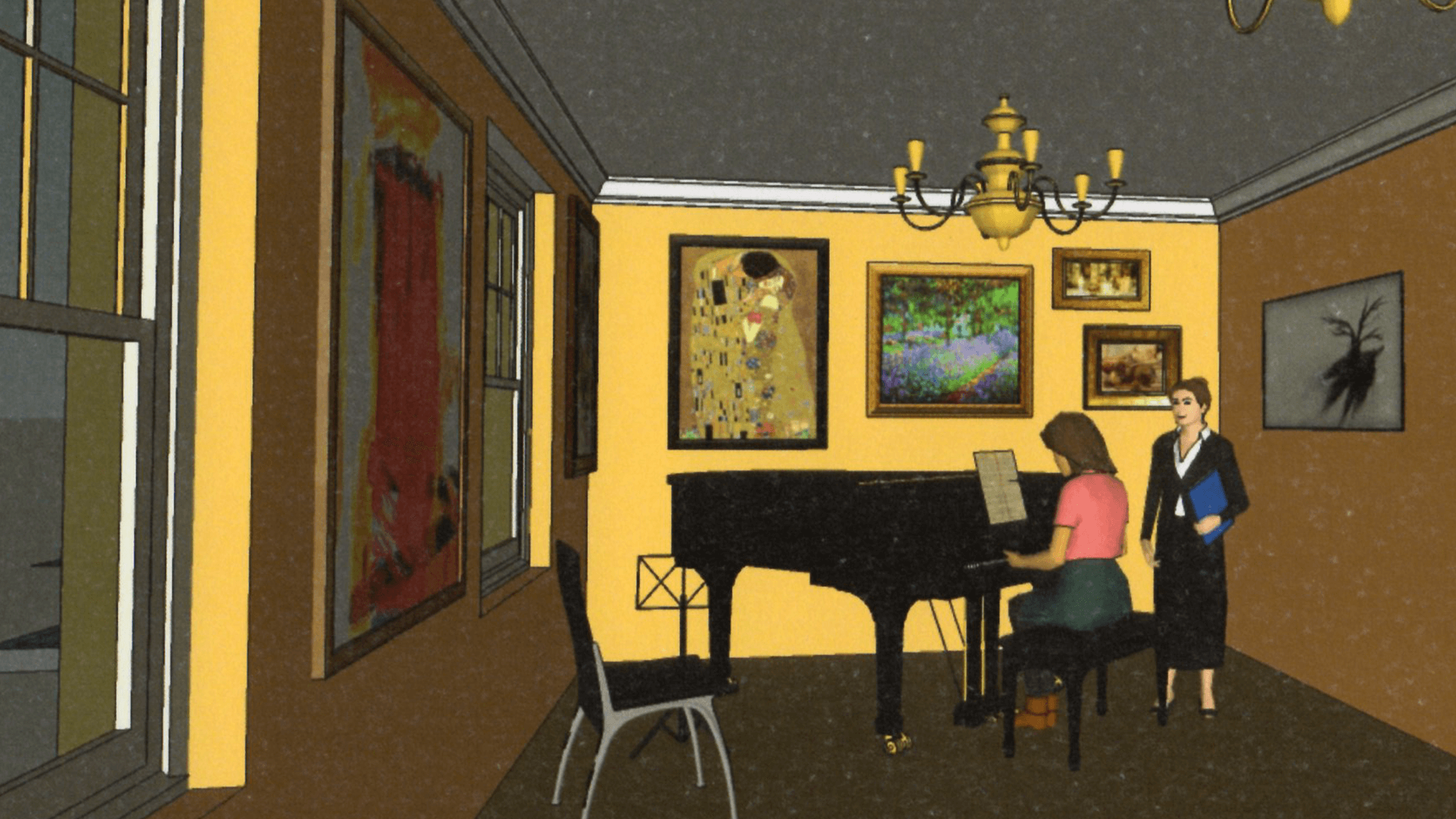 Digital rendering of a piano lesson in a room with a woman at a grand piano