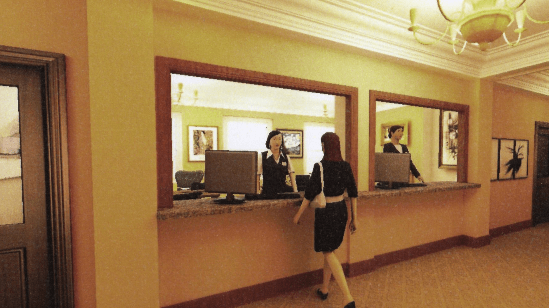 Digital rendering of the reception area - woman in drawing getting tickets